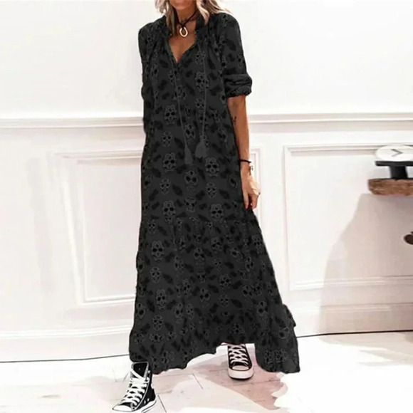 Women Autumn Fashion Boho Skull Print V-Neck Casual Loose Mid-Sleeve Maxi Dress - Picture 1 of 1